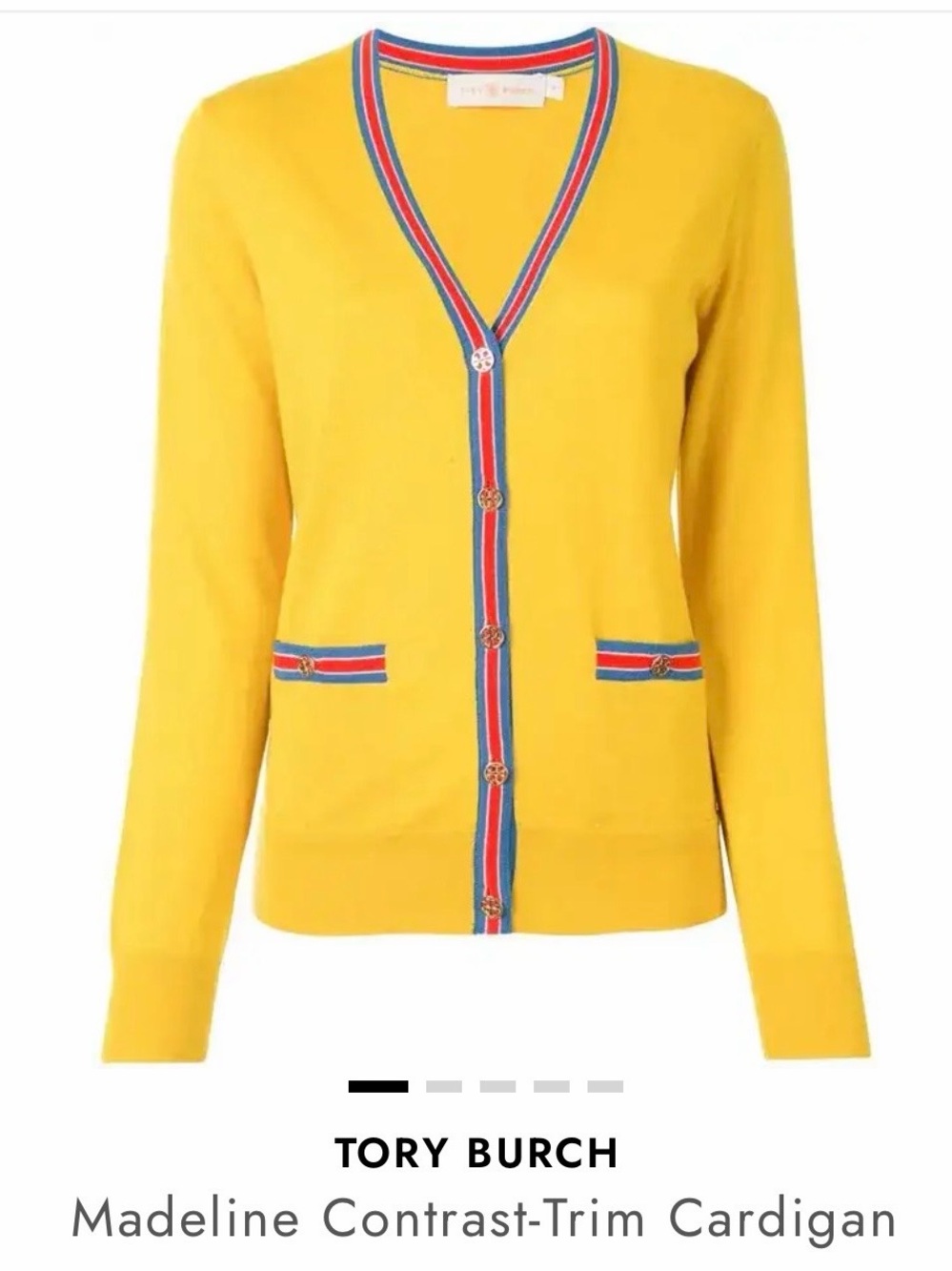 Tory Burch Yellow Cardigan with Blue and Red Contrast Trim